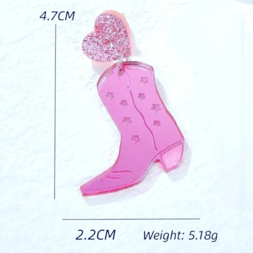 Pink Cowgirl Boot Earring Pink Glitter Heart Stud Western Girly Fashion Jewelry